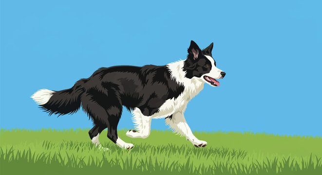 Vector illustration of a black and white Border Collie running across a green grass field with a clear blue sky background, side view showing a dynamic trotting pose with tongue out.