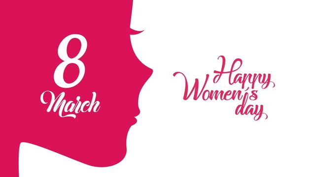 Happy women's day motion graphic for march 8th celebration with female silhouette on a vibrant pink and white background.