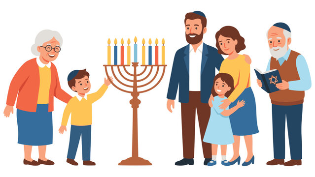 Multigenerational family celebrating hanukkah together lighting menorah candles at home.