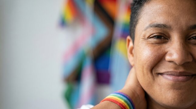 Portrait of a smiling nonbinary person wearing a rainbow pride wristband with LGBTQ flag background