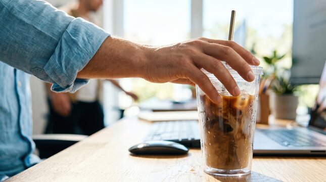 Male office worker reaching for iced coffee on desk in modern workplace