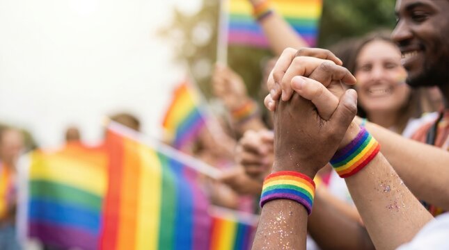Diverse group of young adults holding hands at pride parade celebration with rainbow flags and wristbands