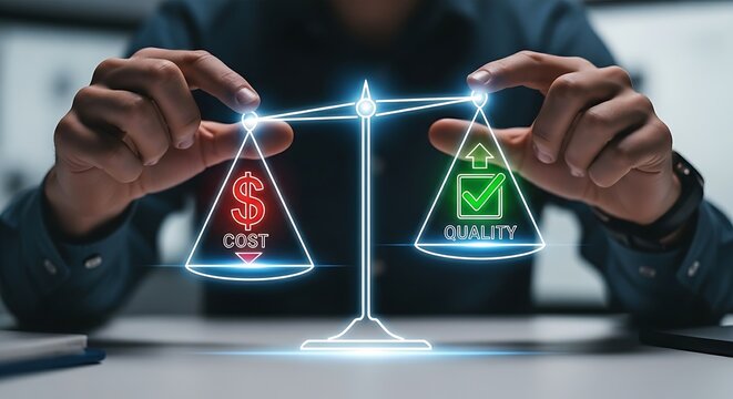 Balance and decision-making concept. A manager's hands balance a simple holographic scale, with a 'cost' icon on one side and a 'quality' icon on the other