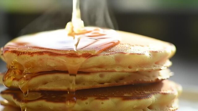 Syrup pouring over pancakes with close up.