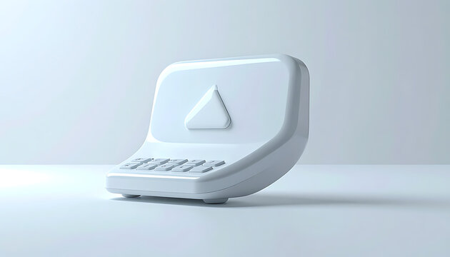 Isolated white 3D render of a futuristic data entry device or keypad with a triangular symbol, soft studio lighting