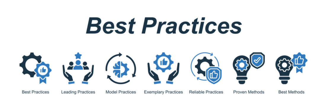 Best Practices banner web icon vector illustration concept with an icon of business with icon of Best Practices, Leading Practices, Model Practices, Exemplary Practices, Reliable Practices, Proven Me.
