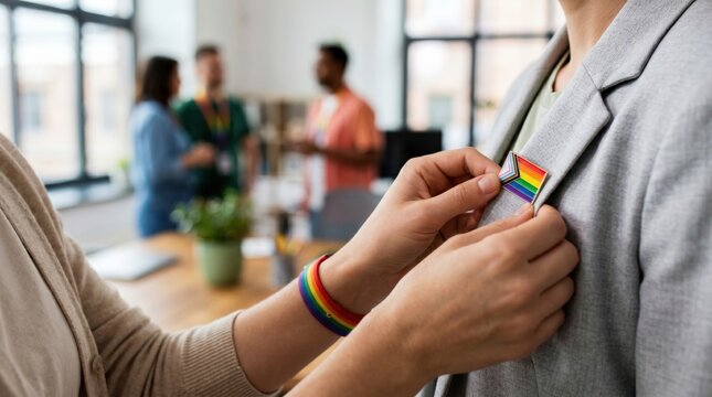 Colleague pinning pride flag badge on blazer in inclusive corporate office workplace