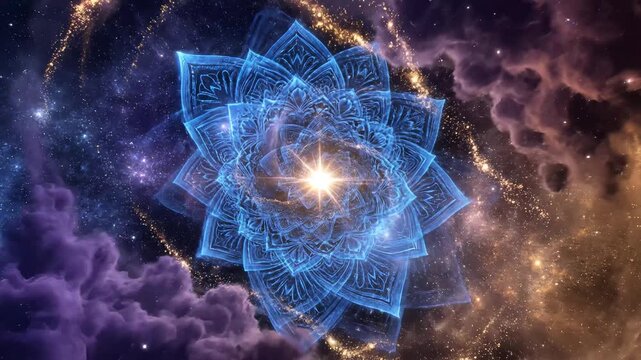 Glowing Blue Mandala Animation Rotating in Deep Space Nebula for Spiritual Meditation Backgrounds