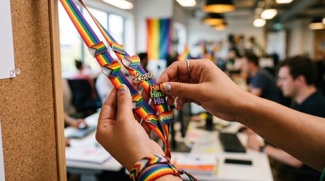 Young woman holding rainbow pride lanyards with pronoun pins in a modern corporate office workplace environment