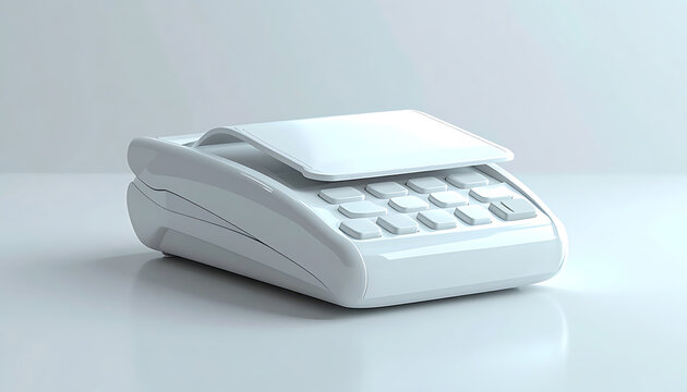 Isolated white credit card terminal with numeric keypad and display, clean and modern design for payment processing and financial transactions
