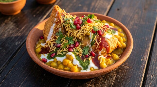 Delicious indian street food chaat in a clay bowl