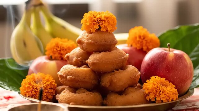 Traditional Indian Sweet Offering with Fruits and Flowers.