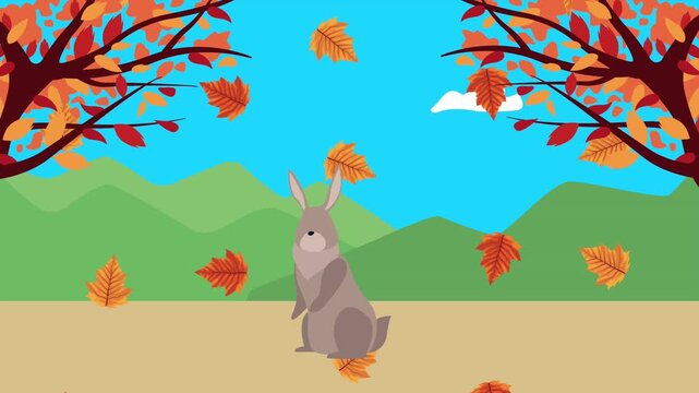 Autumn landscape animation with cute rabbit and falling orange leaves in mountain park.