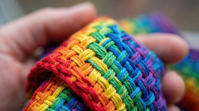 Close up of hand holding vibrant rainbow woven fabric texture for craft and textile design projects