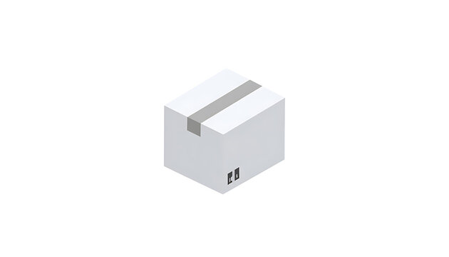 Isometric simple white cardboard box with grey tape, logistic package, shipping container, isolated on plain background