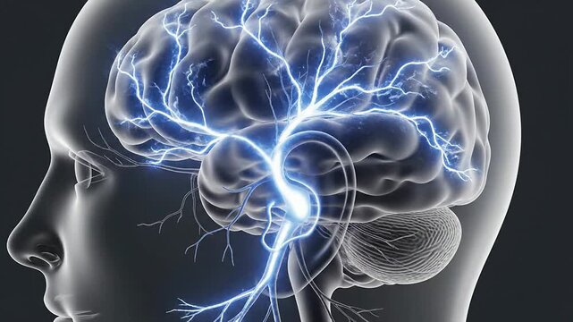 Chronic Ear Ringing Visualization: Electric Impulses in Brain and Ear Illustrating Tinnitus Against Dark Background