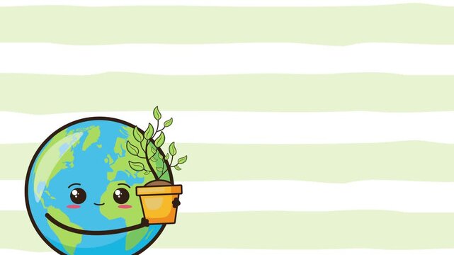 Cute cartoon earth character holding potted plant with green leaves, animated motion graphics footage.