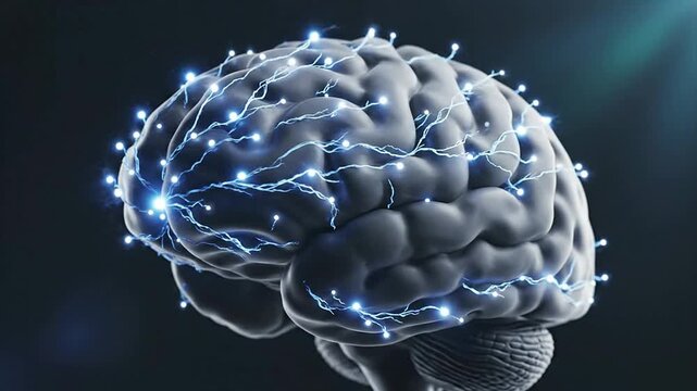 Clean CGI Depiction of a Modern Neuropsychiatry Concept Showcasing a Brain With Electrical Impulses in a Dark Background