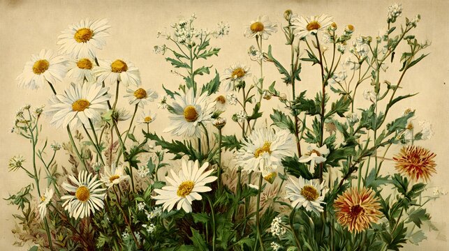 Old chromolithograph illustration of Botany, scentless false mayweed, scentless mayweed, scentless chamomile, wild chamomile, mayweed, false chamomile, and Baldr's brow 