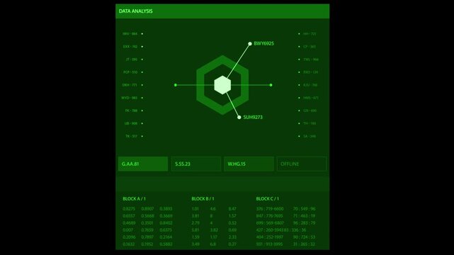 Digital interface screen displaying complex data analysis with a geometric hexagon graphic and various numerical tables for technical monitoring systems