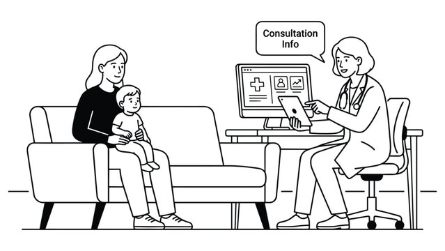 Doctor explaining consultation info to mother and child, general health check up.
