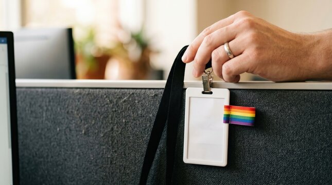 Caucasian male employee holding blank ID badge with rainbow pride flag lanyard in modern office cubicle workplace
