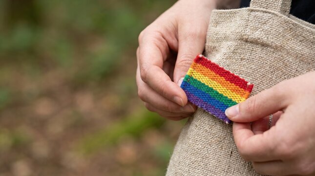 Close up of a woman holding a handmade woven rainbow pride flag patch on a beige canvas tote bag outdoors
