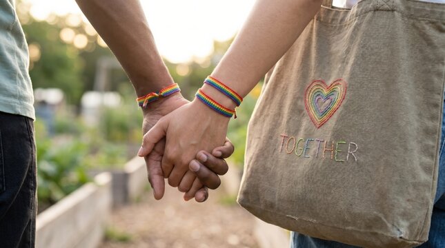 Diverse couple holding hands wearing rainbow pride bracelets and carrying a together heart tote bag