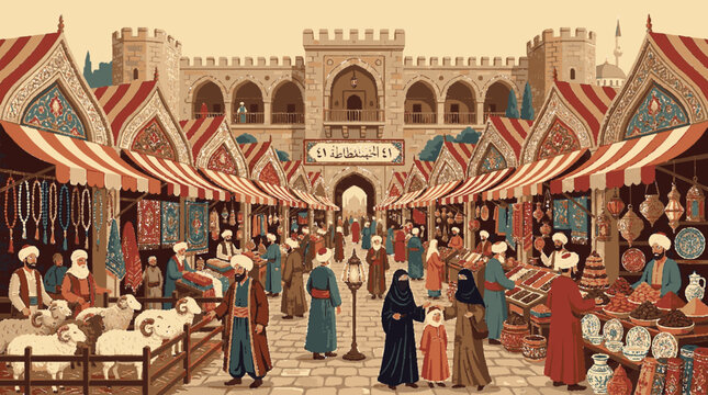 Bustling medieval marketplace with vibrant textiles and fabrics in a historic middle eastern bazaar setting