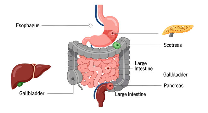 Anatomical illustration of the human digestive system with labeled organs.