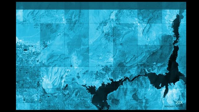 Digital interface screen showing a satellite view of desert terrain with coordinates and magnifying glass for high precision tracking analysis