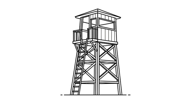 Minimalist line art illustration of a wooden fire lookout tower isolated on white