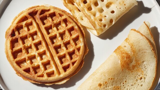 Close up of golden waffles and pancakes on a white plate