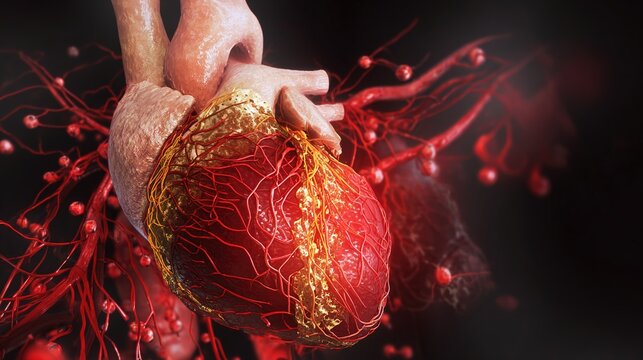 Myocardial Infarction 3D medical illustration, human heart anatomy showing blocked coronary artery and heart muscle tissue damage, acute heart attack condition, cardiovascular system disorder, 