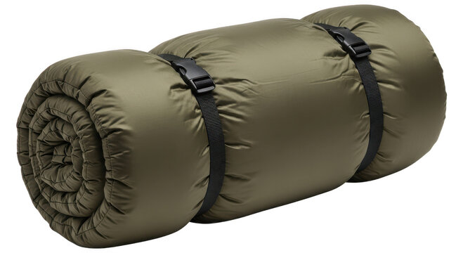 Rolled up olive green sleeping bag with straps on transparent background