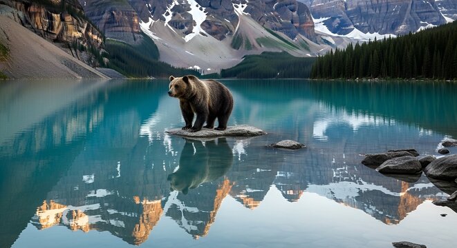 Grizzly bear standing in lake moraine with mountain reflection