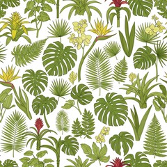 Naklejka premium Tropical leaves and flowers illustration
