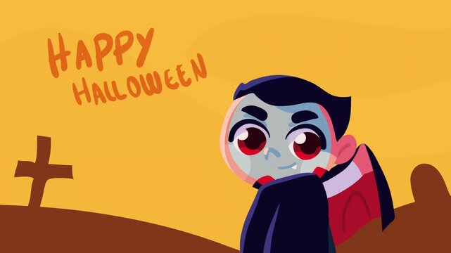 Halloween animation with cute dracula boy character in spooky cemetery landscape during sunset with greeting text.