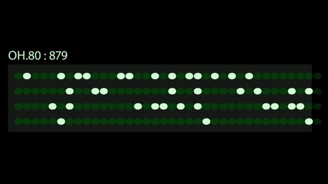 Digital interface display showing rows of glowing circular data points with a numerical code against a dark black background