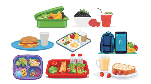 Healthy school lunch vector illustration in flat design style, balanced meal concept featuring nutritious food tray, fresh ingredients, education nutrition and modern cafeteria lifestyle scene
