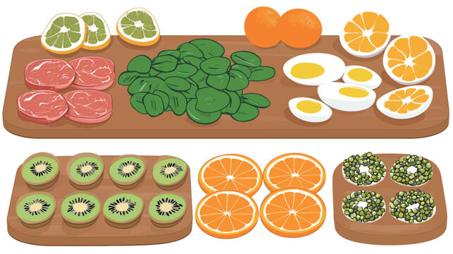 Healthy school lunch vector illustration in flat design style, balanced meal concept featuring nutritious food tray, fresh ingredients, education nutrition and modern cafeteria lifestyle scene