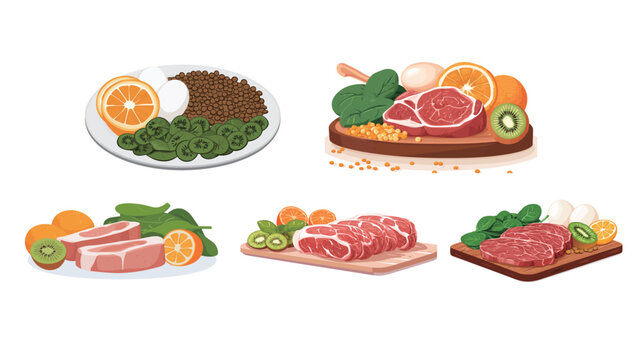Healthy school lunch vector illustration in flat design style, balanced meal concept featuring nutritious food tray, fresh ingredients, education nutrition and modern cafeteria lifestyle scene