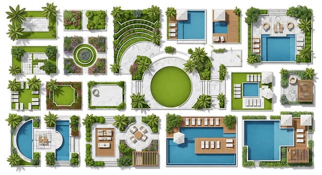 Top view set of modern landscape design elements with swimming pools and garden plants