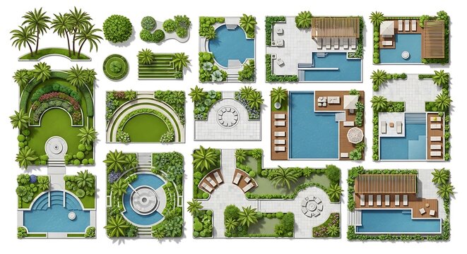 Top view landscape design elements with swimming pools and garden plants set