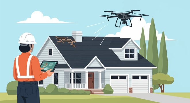 Professional inspector in safety vest and hard hat using a tablet to control a drone for aerial roof damage assessment of a suburban residential house with cracks on dark shingles.