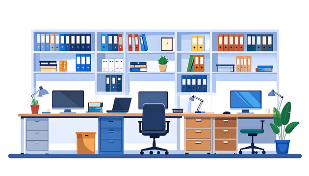 Modern office interior with two workstations, computers, organized shelves, and plants, conveying productivity and workspace environment