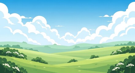 Obraz premium Vibrant Green Rolling Hills Under a Blue Sky with Fluffy White Clouds
