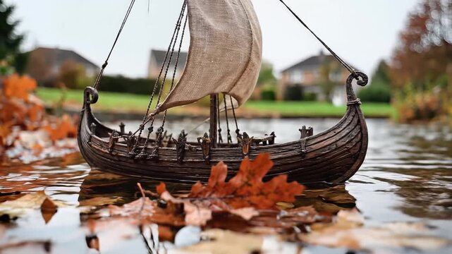 Miniature Viking ship model floating on pond water with autumn leaves, cinematic close-up shot