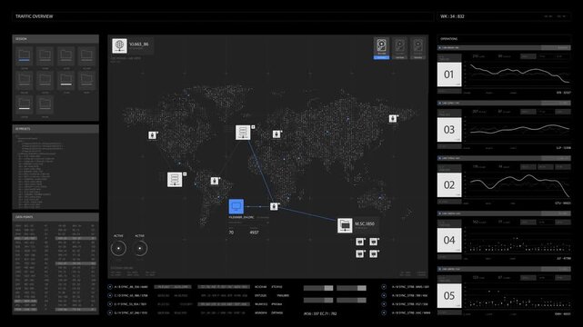 Digital dashboard interface displaying global network traffic data analytics with complex system monitoring charts and interactive world map connectivity nodes