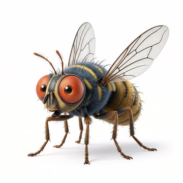 Mouche r&eacute;aliste avec ailes translucides sur fond blanc
